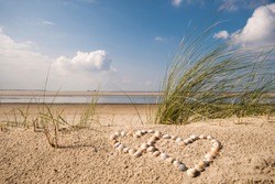 Holiday Love: Wonderful Dune Beach On The North Sea Island Langeoog In Germany With Sky, Clouds, Sand, Hearts Made Of Sea Shells And Grass On A Beautiful Summer Day
