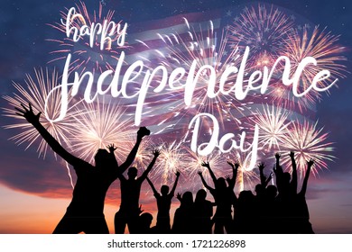 Holiday night sky with fireworks and flag of America and hand lettering text Happy Independence Day