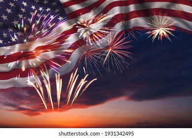 Holiday Night Sky With Fireworks And Flag Of America For Independence Day