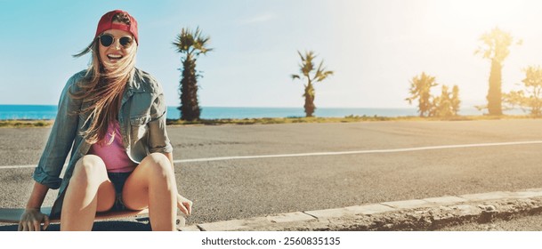 Holiday, promenade and woman with skateboard, adventure and freedom by beach. Summer girl, travel and excited portrait by ocean with skater style, outdoor laugh and road on vacation journey in miami - Powered by Shutterstock