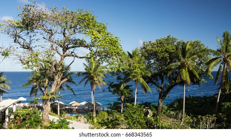 Holiday Resort View Of The Pacific Ocean Through Tropical Trees, In Niue, Pacific Island.