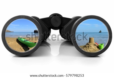 Holiday scene reflected in a pair of binoculars  