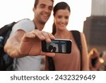 Holiday, selfie or happy couple hiking for travel for vacation memory, outdoor or sightseeing in city. Christ the Redeemer, photo or romantic people on adventure for tourism in Rio de Janeiro, Brazil