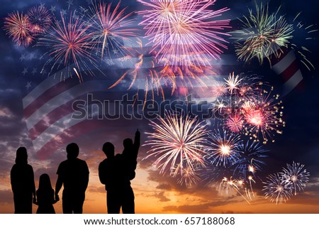 Holiday sky with fireworks and flag of America, independence day