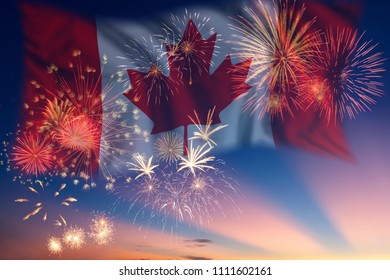 Holiday sky with fireworks and flag of Canada, independence day