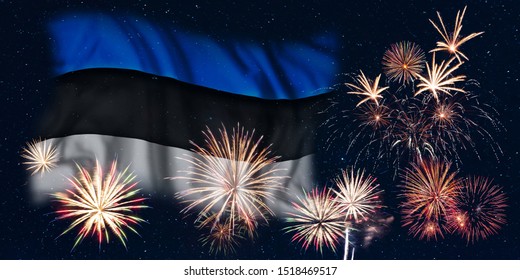 Holiday sky with fireworks and flag of Estonia, independence day of country