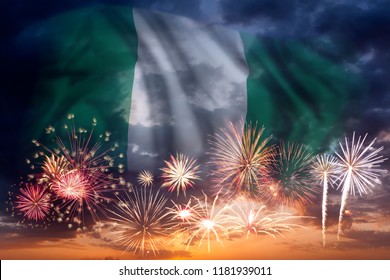 Holiday Sky With Fireworks And Flag Of Nigeria, Independence Day