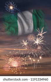 Holiday Sky With Fireworks And Flag Of Nigeria, Independence Day