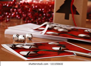 Holiday Still Life With Christmas Cards Being Written Out To Mail.  (photo On Cards Was Also Taken By Me And Is Available In Portfolio)  Macro With Extremely Shallow Dof.  Selective Focus On Pen.