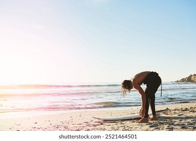 Holiday, surfer and man with surfboard at beach for water sport, adventure and tropical vacation. Mockup space, tourist and person for surfing at ocean with fitness, travel and fun activity for hobby - Powered by Shutterstock