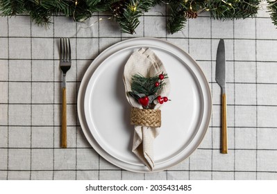 Holiday Table Setting For One Person On Linen Tablecloth With Decoration. Christmas And New Year Table Setting Ideas