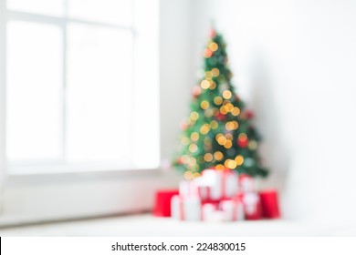 Holidays, Celebration And Home Concept - Living Room With Christmas Tree And Presents Background