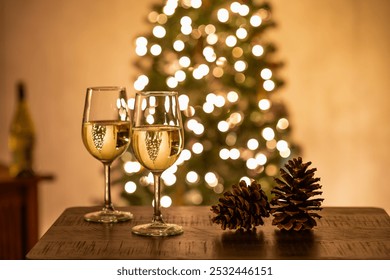 holidays, drinks and celebration concept - close up couple hands toasting wine glasses at dinner party on Christmas at home
 - Powered by Shutterstock