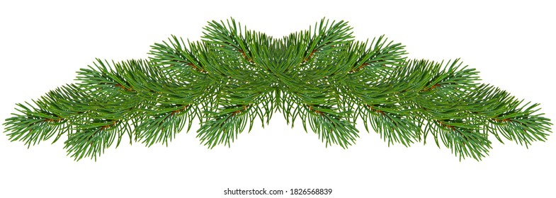 Holiday's Greeting Card With A Realistic Garland Of Pine Tree Branches. Wide Green Christmas Decoration. Fir Branches Border. Isolated. Panorama.