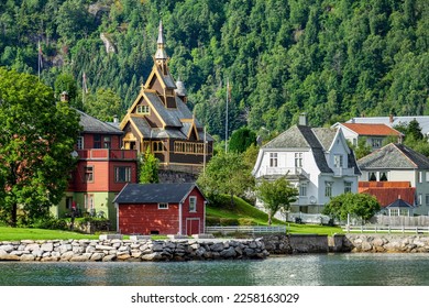 Holidays in southern Norway: Balestrand on the Sognefjord - St. Olav Church, Anglican stave church in Fylke Vestland in Norway