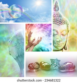 Holistic Healing Collage -  Five Aspects Of Alternative Therapy Including Angels, Crystal Healing, Color Healing, Sending Distant Healing And Buddhism