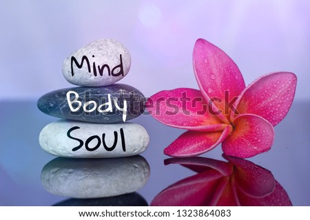Holistic health concept of zen stones with red plumeria flower on black board. Text mind body soul. 