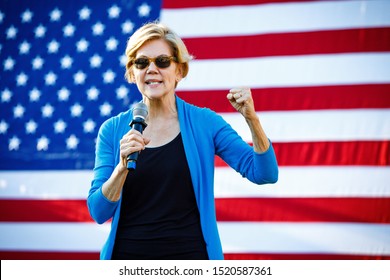 Hollis, NH - September 27, 2019: Democratic 2020 U.S. presidential candidate and Massachusetts Senator Elizabeth Warren campaigns at Lawrence Barn in Hollis, New Hampshire.