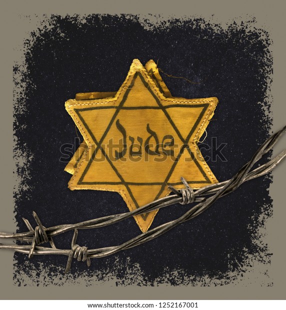 Hollocaust remembrance day, yellow star on black with barbed wire. The word Jude means Jew in German.