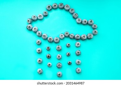 Hollow Raining Cloud Shape Made From Fresh Blueberries On A Blue Background