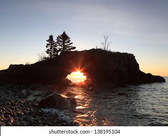 Hollow Rock At Sunrise On The Lake Superior North Shore In Minnesota