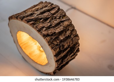 hollow wood log slab slice with bark raw natural willow led lamp exposed light bulb home interior 