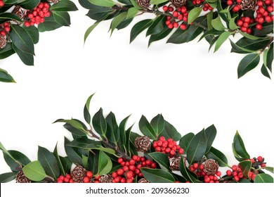 Holly background border decoration with red berries and pine cones over white background.