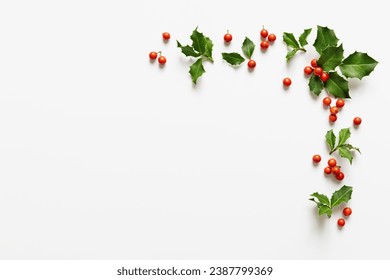 Holly leaves with red berries on white background. Winter natural decoration. - Powered by Shutterstock