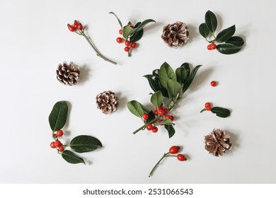 Holly, pine cones and rose hips isolated on white table background. Winter Holiday evergreen, red berries arrangement. Christmas floral pattern, decorative banner, festive natural flat lay. Top view. - Powered by Shutterstock