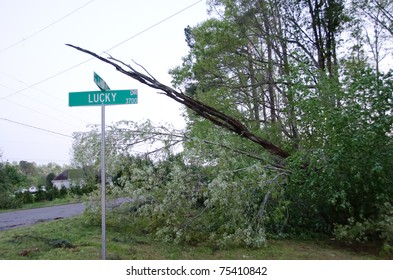 HOLLY SPRINGS, NC, USA - APRIL 16: A tornado caused severe damage to power lines on Lucky Road in Holly Springs on April 16, 2010 in Holly Springs, NC, USA