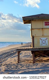 Hollywood Beach, Florida - 01/07/2018: Old Wood Lifeguard Houses Of South Florida.