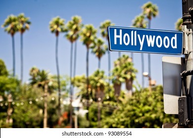 Hollywood boulevard sign, with palm trees in the background