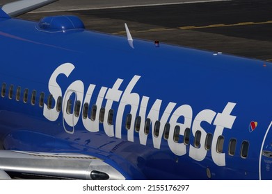 Hollywood Burbank Airport, California, USA - May 11, 2022: close up image of a Southwest Airlines Boeing 737 jet shown on the apron.