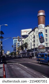 Hollywood, CA, September 7, 2009: View At The Junction Of Sunset Boulevard And Vine Street, With Billboard For Free HIV Testing, And Verizon And BlueBerry Advert