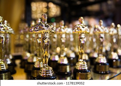 Hollywood, CA/ USA - July 26, 2018: Oscar golden award in a souvenir store on Hollywood Boulevard. Success and victory concept 