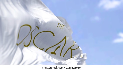 Hollywood, CA, USA, March 2022: The Flag With The Academy Awards Logo Waving In The Wind On A Clear Day. The Academy Award, Aka Oscar, Is The World's Most Prestigious Film Award