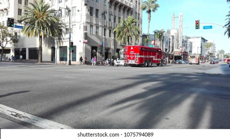 HOLLYWOOD, California - April 8, 2018: Los Angeles Fire Department Truck On Hollywood Blvd, Pantages Theatre