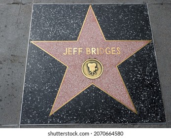 Hollywood, California - October 16, 2019: Jeff Bridges star with Movie Camera Logo on Hollywood Walk of Fame. This star is located on Hollywood Blvd. and is one of 2400 celebrity stars.