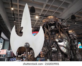 Hollywood, California - October 16, 2019: Life sized Predator figure in La La Land Novelty store.