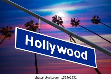 Hollywood California road sign on redlight with pam trees sky photo mount
