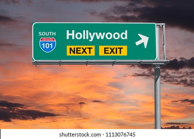 Hollywood California Route 101 Freeway Next Exit Sign With Sunset Sky.