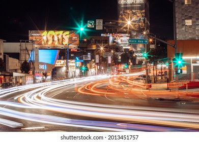 Hollywood, California - United States 7_20_2021: Car Driving On Sunset Blvd At Night