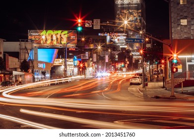 Hollywood, California - United States 7_20_2021: Car Driving On Sunset Blvd At Night