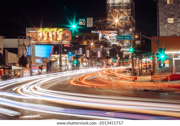 Hollywood, California - United States 7_20_2021:\
Car driving on Sunset Blvd at\
night