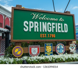 Hollywood, California, USA - May 2016 : Universal Studios Theme Park, Welcome To Springfield sign, The Simpson’s Land