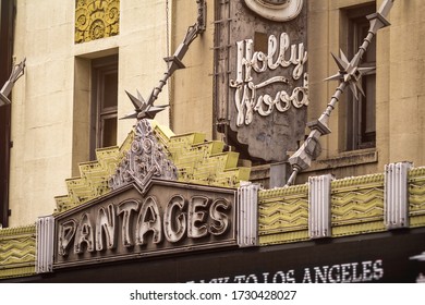 Hollywood, California / USA - Nov 10, 2014: Facade And Signs At The Front Of The Hollywood Pantages Theatre In Hollywood, Los Angeles, California.