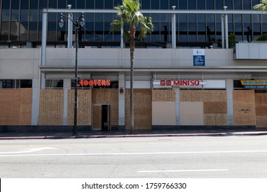 Hollywood, CA/USA - June 8, 2020: Boarded up shops on the Hollywood Walk of Fame during a series of Black Lives Matter protests