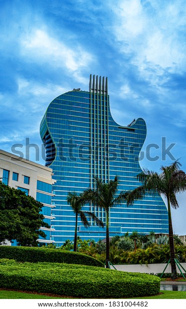 HOLLYWOOD, FL, USA - JUNE 18, 2020: Seminole Hard\
Rock Casino Hotel Resort at 1 Seminole Way. Hard Rock guitar shaped\
resort hotel. Iconic Guitar\
Hotel