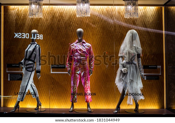 HOLLYWOOD, FL, USA - JUNE 18, 2020: Lady\
Gaga, Madonna, Michael Jackson dress in Seminole Hard Rock Casino\
Hotel Resort. Guitar hotel and\
celebrities