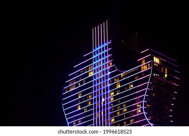 Hollywood, FL, USA - March 2021: 441 Street View Of The Hard Rock Guitar Tower At Night.